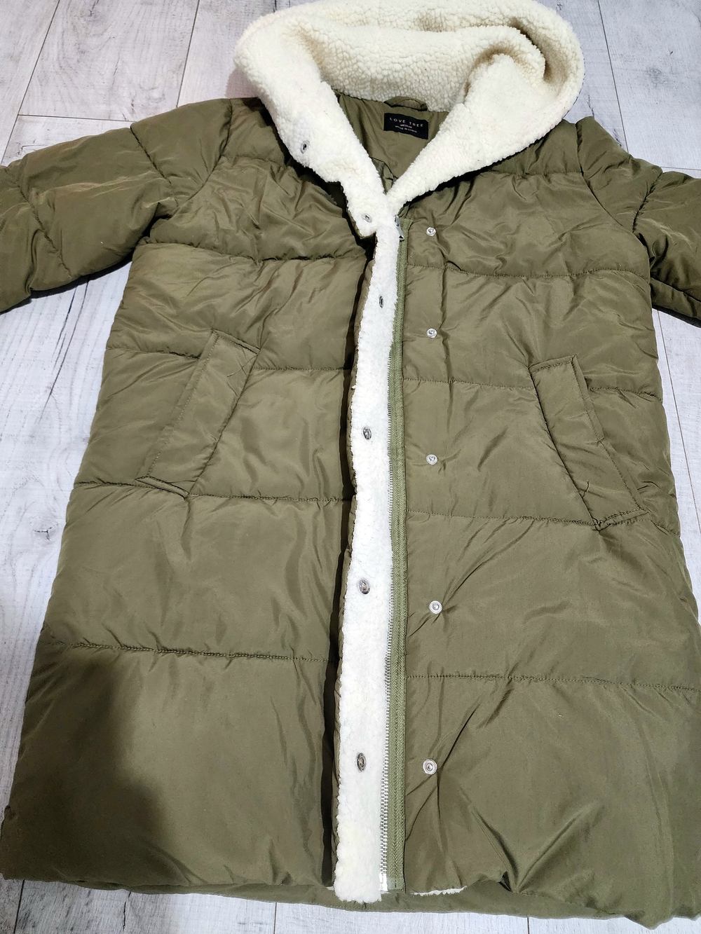 Love Tree Olive Green Puffer Coat with Cream Sherpa Trim